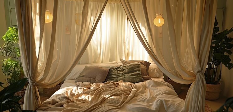 bed in a bedroom with curtin
