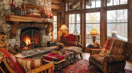 Fototapeta na wymiar Rustic cabin retreat with log furniture, stone fireplace, and cozy textiles.