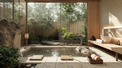 Traditional Japanese onsen spa with natural stone baths, bamboo accents, and tranquil garden views.