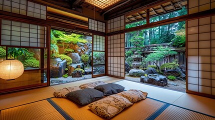 Traditional Japanese ryokan with paper lanterns, sliding doors, and a serene rock garden.