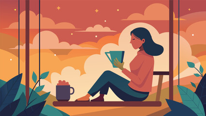 On a cozy porch swing a girl with a mug of tea in one hand and a journal in the other indulges in some selfreflection as she watches the sunset paint.