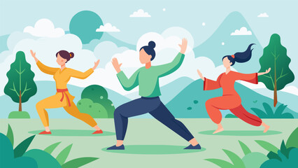 In a communal effort the garden Tai Chi group moves in harmony creating a sense of unity and oneness with nature.. Vector illustration