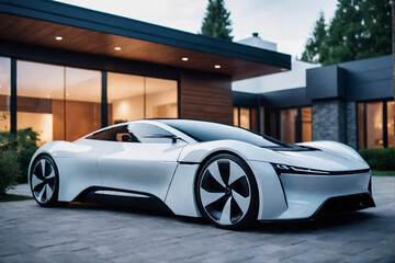 Futuristic EV car next to a modern home with copy space. Alternative Clean Energy and Sustainable...