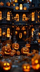 Obraz premium Spooky Halloween pumpkin in front of a house. Scary setting with a carved pumpkin in the forefront and a mysterious mansion amidst a dark, eerie forest It evokes a sense of fear and the supernatural