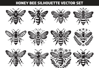 Honey Bee Silhouette Vector Illustration Set