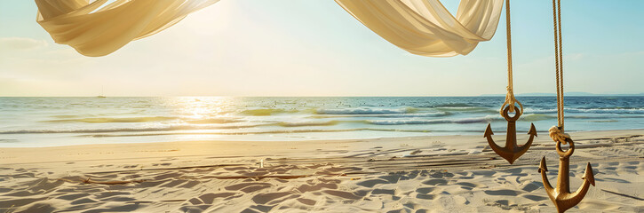 Beach canopy anchors web banner. Beach canopy anchors isolated on sandy background with copy space.