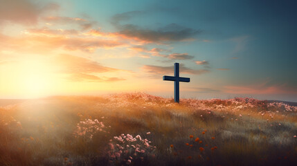Church worship concept Cross in the middle of a field at sunset