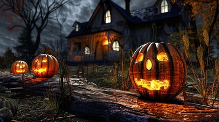 Spooky Halloween pumpkin in front of a house. Scary setting with a carved pumpkin in the forefront and a mysterious mansion amidst a dark, eerie forest It evokes a sense of fear and the supernatural