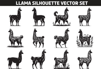 Llama Silhouette Vector Illustration Set