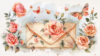 Delicate hand watercolor of roses arranged in a vintage envelope, surrounded by playful butterflies, crafted in bright pastels on a white background, perfect for conveying romantic sentiments