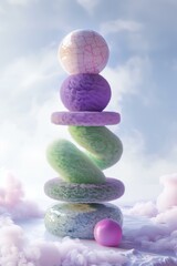 stacked fluffy plush shapes in green and purple colors, calming vibe, abstract background