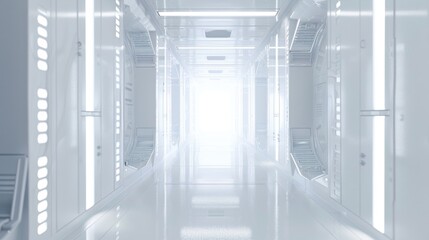 corridor of a building, minimalist, white, futuristic,  the light shines through columns in a long and white corridor 