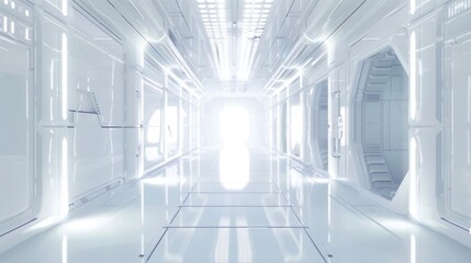corridor of a building, minimalist, white, futuristic,  the light shines through columns in a long...