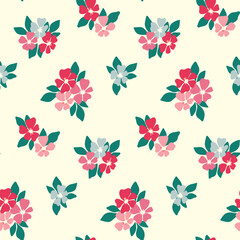 Seamless floral pattern, cute liberty ditsy print, simple abstract flower ornament in folk motif. Pretty botanical design: small hand drawn flowers, tiny leaves, pink bouquets on white. Vector graphic