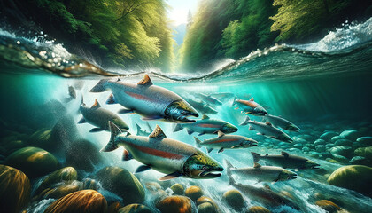 渓流を泳ぐ鮭の大群