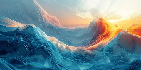 Surreal Sunrise Over a Digital Ocean With Dynamic Waves or mounts range and Warm Colors