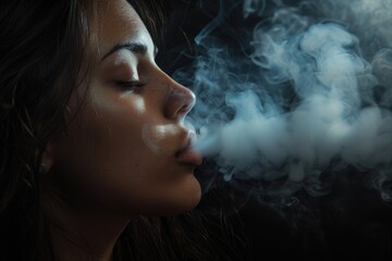 smoke, smoking concept. gorgeous smoker woman blowing a big cloud of smoke in a panorama banner isolated on black background with copy space.