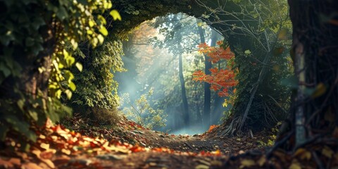 Tunnel in Lush Forest Filled With Leaves - Powered by Adobe