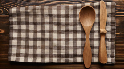 A wooden spoon and a butter knife are on a checkered cloth - Powered by Adobe