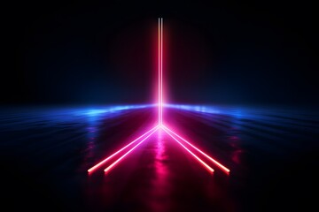 3d render, abstract panoramic red blue pink neon background with arrows showing right direction,...