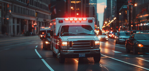 A red and white ambulance is driving down a busy city street