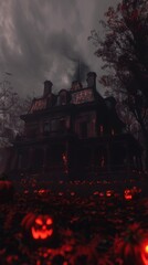 Fototapeta premium Spooky Halloween pumpkin in front of a house. Scary setting with a carved pumpkin in the forefront and a mysterious mansion amidst a dark, eerie forest It evokes a sense of fear and the supernatural