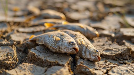 Close-up of dead fish on a dried river bed, result of water shortages