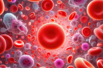Malicious virus and human body cell with leukocytes and platelets in the circulatory system.