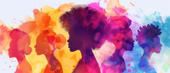 A vibrant  illustration of Women's Day with a beautiful multiracial woman in the center, and other profile silhouettes behind her