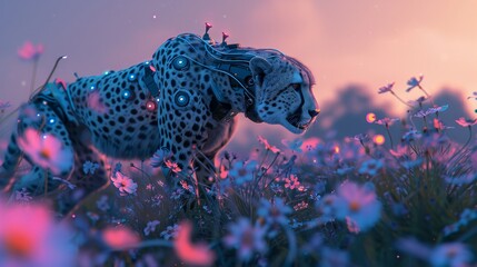 A beautiful cheetah walking through a field of flowers at sunset. The cheetah is the fastest land animal and can reach speeds of up to 70 mph. - obrazy, fototapety, plakaty