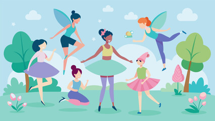A group of parkgoers donning tutus and fairy wings as they participate in a Magical Fairy Fitness Day with yoga and nature walking activities.. Vector illustration