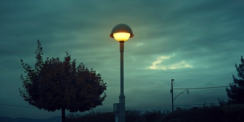 street light isolated in the evening with tree silhouette 