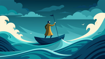 Fototapeta premium A stormy sea rages but a stoic figure stands calmly on a small boat undeterred by external forces and focused on the journey ahead.. Vector illustration