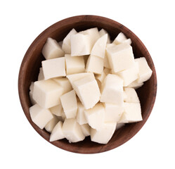 wooden bowl of diced mozzarella cheese isolated, top view