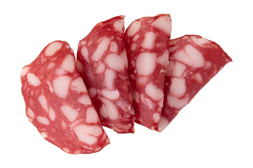 smoked sausage salami cut into pieces isolated, top view, flat lay