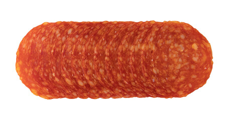 slices of chorizo salami sausage isolated, top view, flat lay