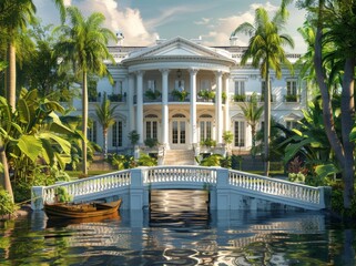 White House with a front porch and a small bridge over a canal, tropical palm trees in the...