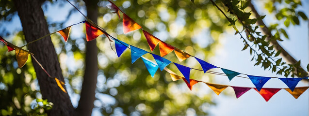 Whimsical pennant strings weaving through tree leaves under a blue sky, adding playfulness to a summer event. - Powered by Adobe