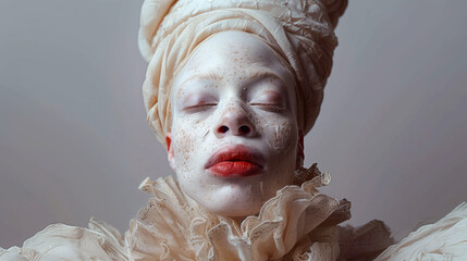 A portrait of albino with white turban headband and puffy collar. International Albinism Awareness Day concept.