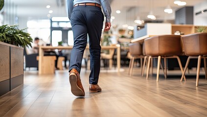 A man wearing brown shoes and pants walks across a room - Powered by Adobe