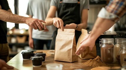 Close-up of diverse hands around a table adjusting a product in a bag mockup