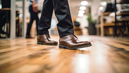Fototapeta premium A man wearing brown shoes and pants walks across a room