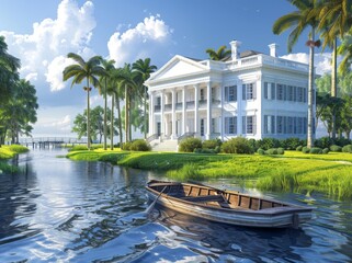 White House with a porch and front yard, a small rowboat in the foreground on a waterway, coconut...