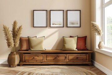 Elegant Walnut Wooden Frame Mockup in Modern Room