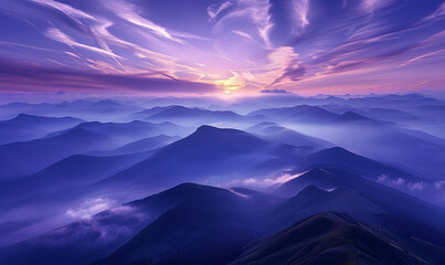 Majestic mountains pierced by purple sunset, misty embrace