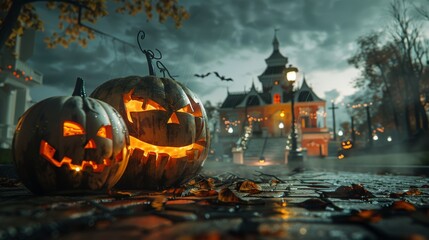 Spooky Halloween pumpkin in front of a house. Scary setting with a carved pumpkin in the forefront and a mysterious mansion amidst a dark, eerie forest It evokes a sense of fear and the supernatural