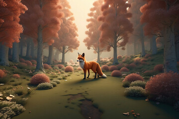 Fantasy of a fox looking at the situation in the forest