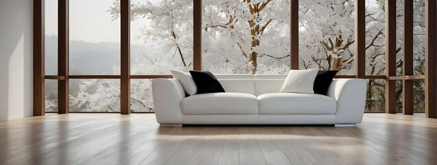 White-themed living room with a sofa on wooden flooring, enhanced by decor on a sizable wall, and the tranquil white landscape outside the window.