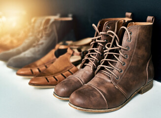 Shoes, pair and leather boots for fashion, choice and cool style or trendy. Footwear, sandals and...