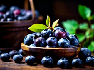 A wooden bowl full of blue berries, fruit photography, for advertisement commercial promo, macro - Powered by Adobe